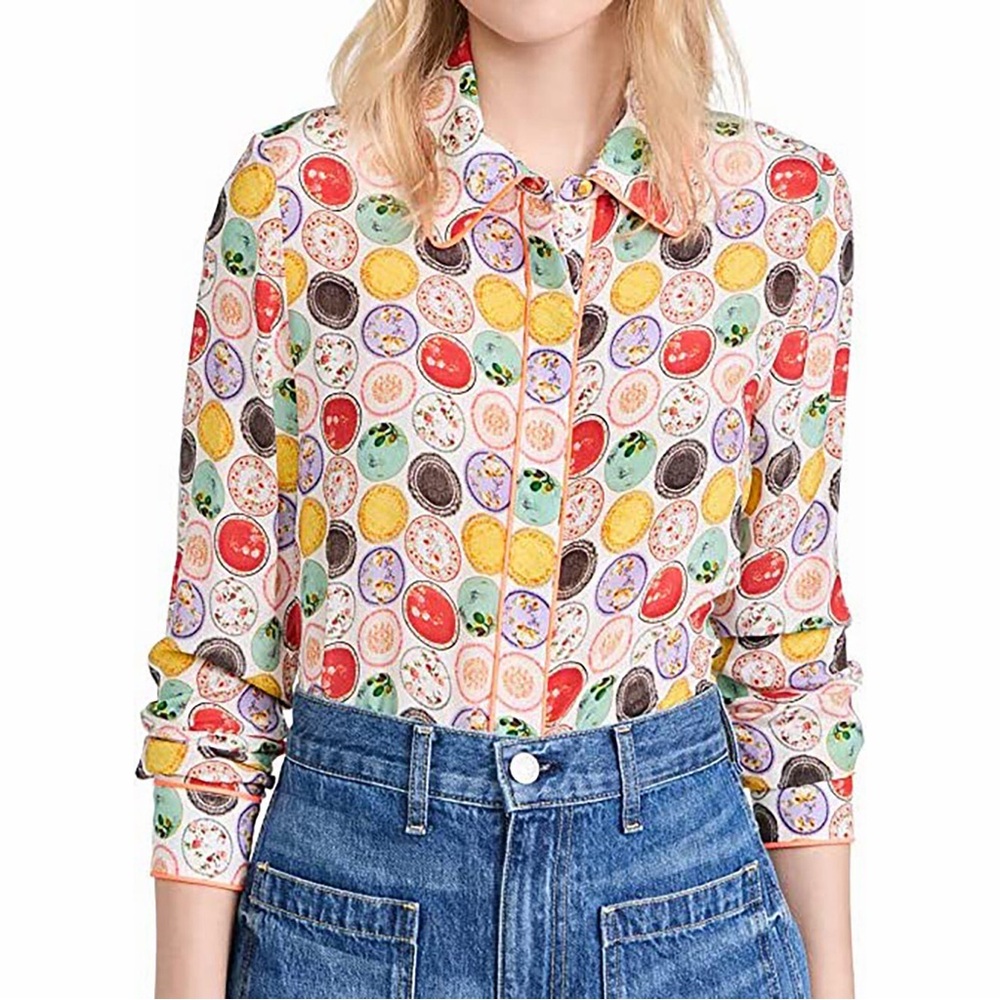 Alice + Olivia Willa Medallion Silk Blouse Top Dinner Party Plates Dots Piping M